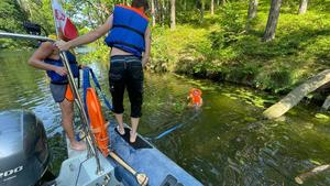 Służby na łodzi motorowej podczas pracy przy usuwaniu konaru drzewa z wody.