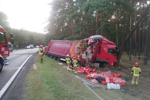 czerwony pojazd ciężarowy z uszkodzona czerwona naczepą stoi na poboczu drogi. Obok stoi strażak