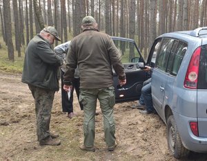 Leśnicy kontrolują kierowcę samochodu, który wjechał do lasu.