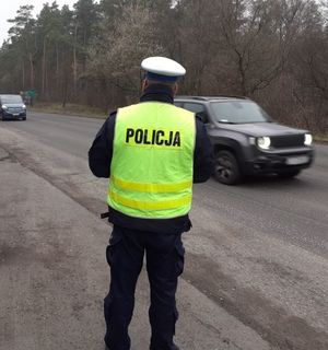 policjant stoi przy drodze i obserwuje ruch