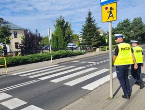 policjanci przechodzą przez drogę na pasach przy szkole