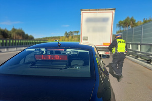 Policjant podchodzi do ciężarówki, na radiowozie wyświetla się napis ITD