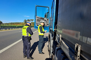 Funkcjonariusze rozmawiają z kierowcą ciężarówki
