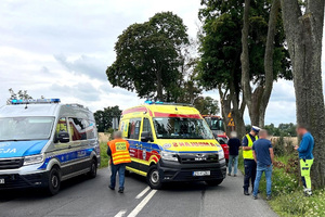 Policjanci Ruchu Drogowego pracują na miejscu zdarzenia.